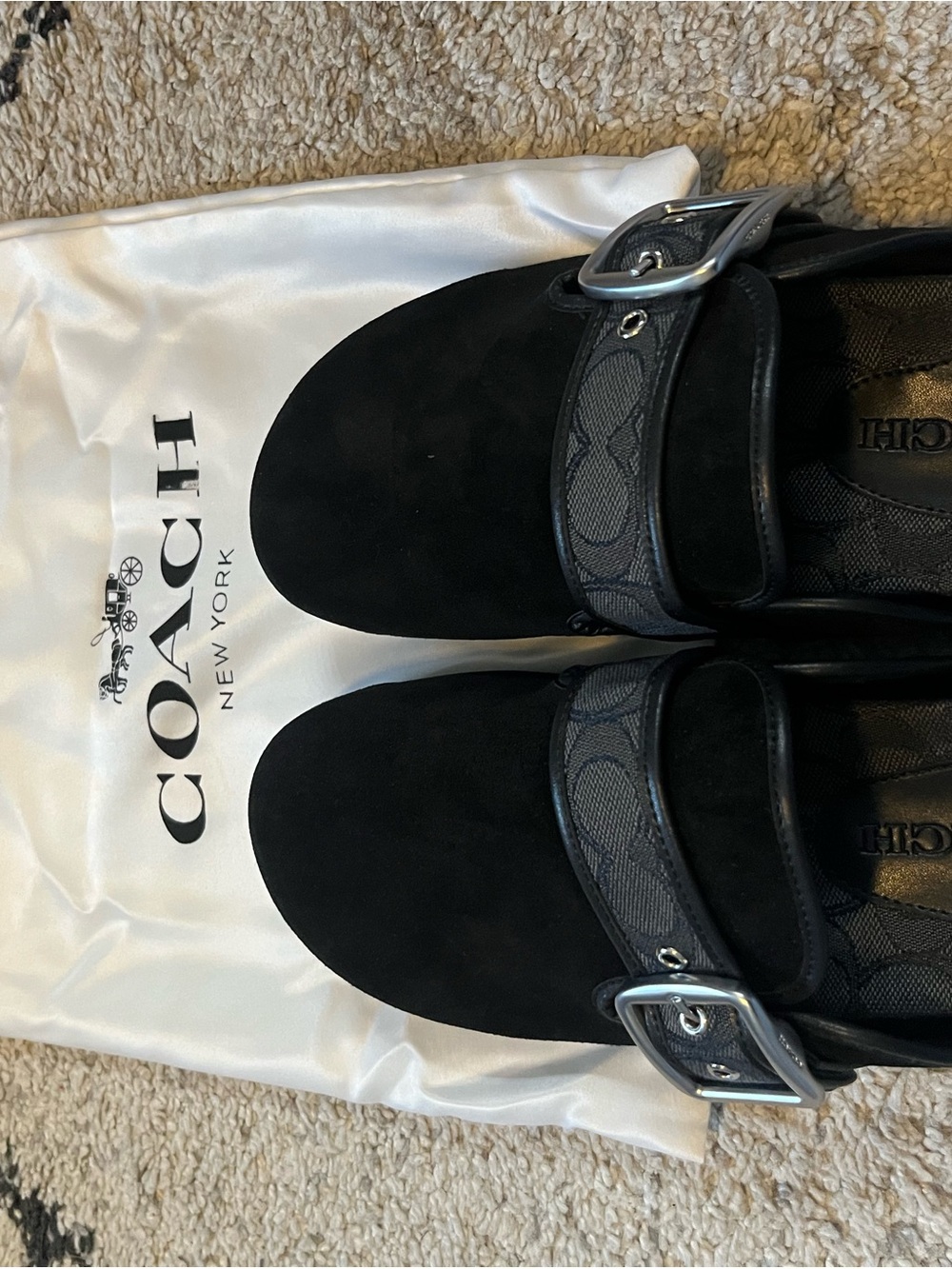 COACH women’s Black Suede Buckle Loafers